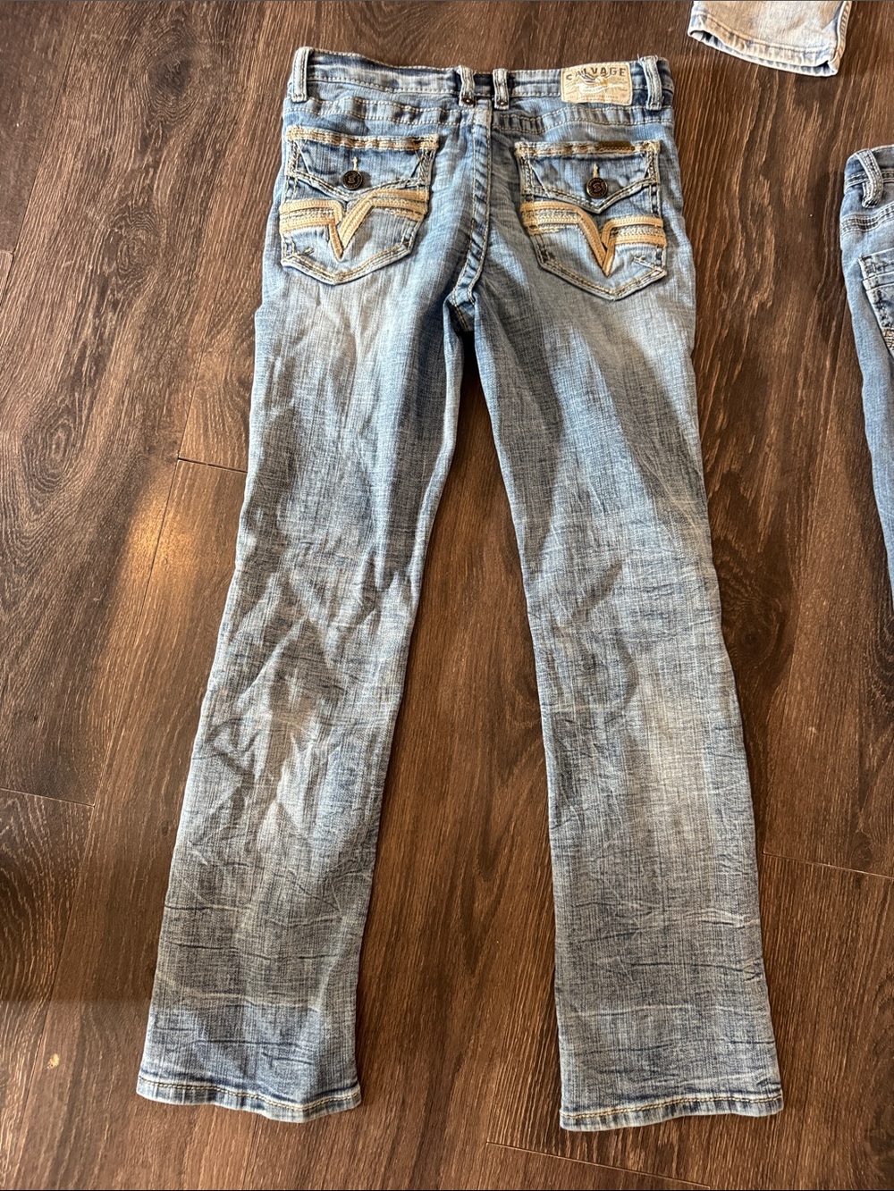 Salvage Light Blue Men’s Bootcut Jeans with Tan Contrast Stitching